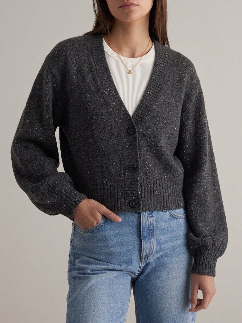 Cashmere Balloon Sleeve Cardigan Grey